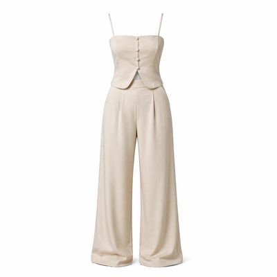 Fato Feminino Premium Nude com Top Estruturado e Calça Wide Leg