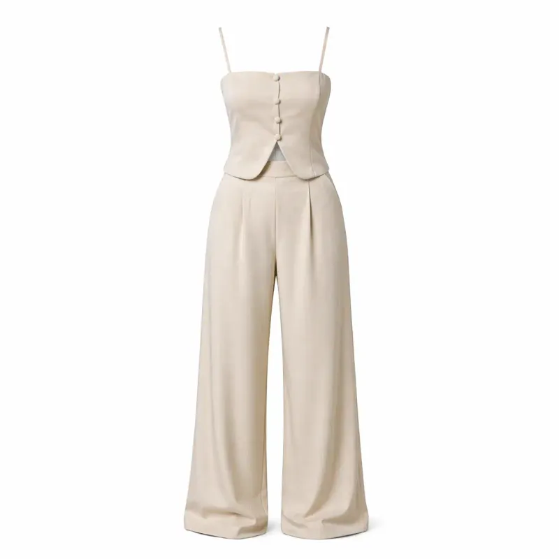 Fato Feminino Premium Nude com Top Estruturado e Calça Wide Leg