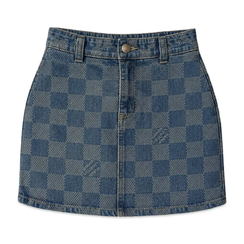TBS Minissaia Jeans Damier Custom – Lavagem Média Estonada