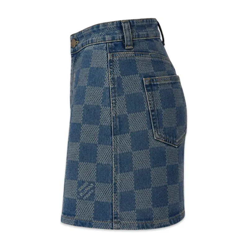 TBS Minissaia Jeans Damier Custom – Lavagem Média Estonada