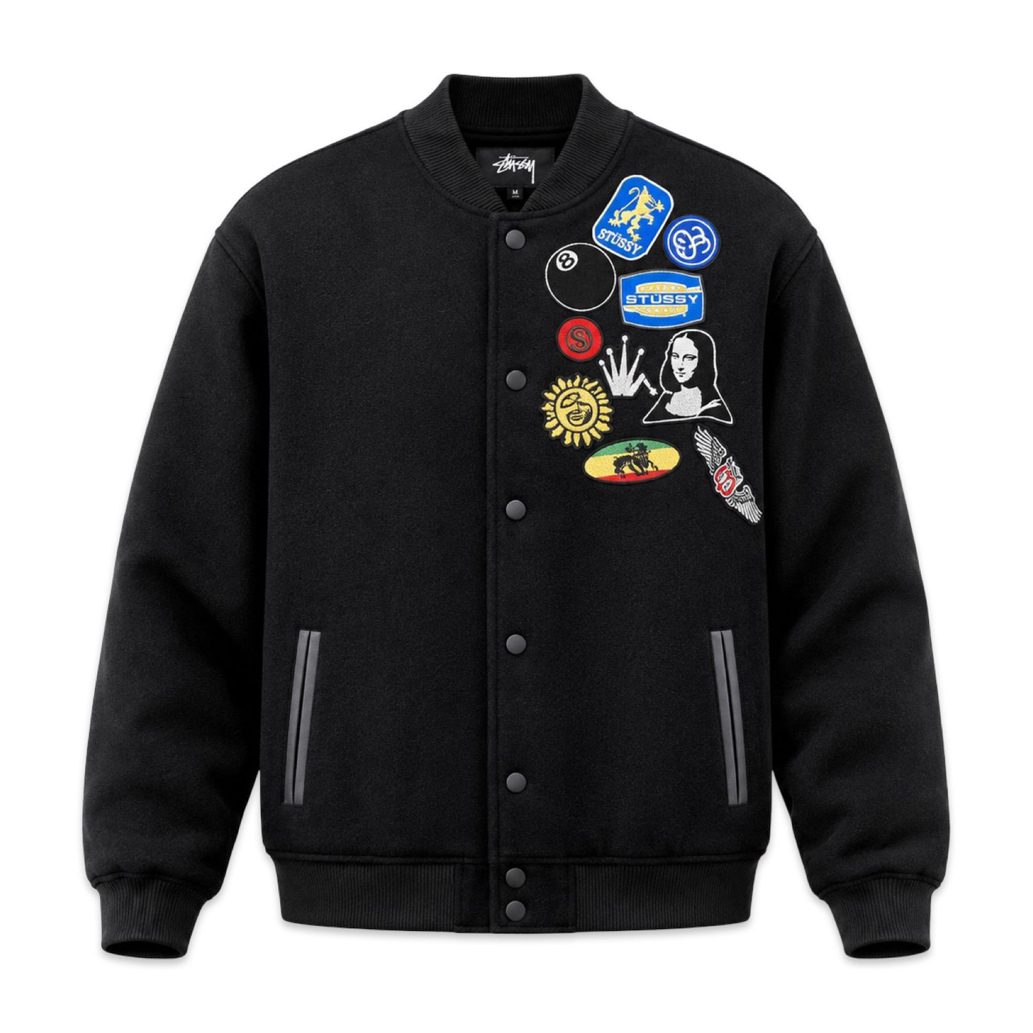 Stussy Souvenir Bomber Jaqueta preta com logos