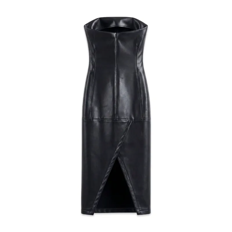 TBS Vestido Midi Sem Alças Couro Sintético Preto
