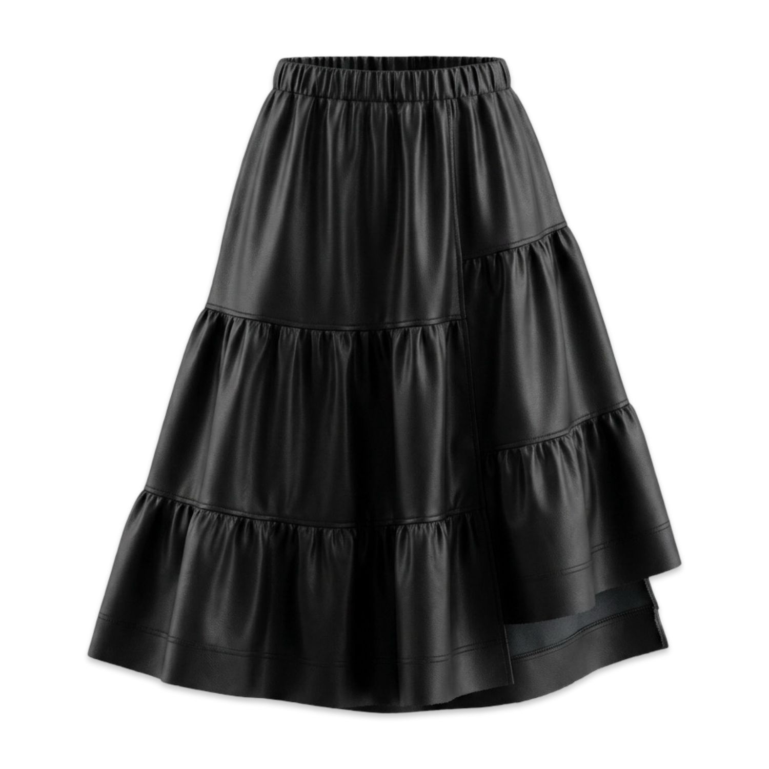 TBS Saia Midi Preta Efeito Couro Assimétrica com Folhos TBS Saia Midi Preta Efeito Couro Assimétrica com Folhos