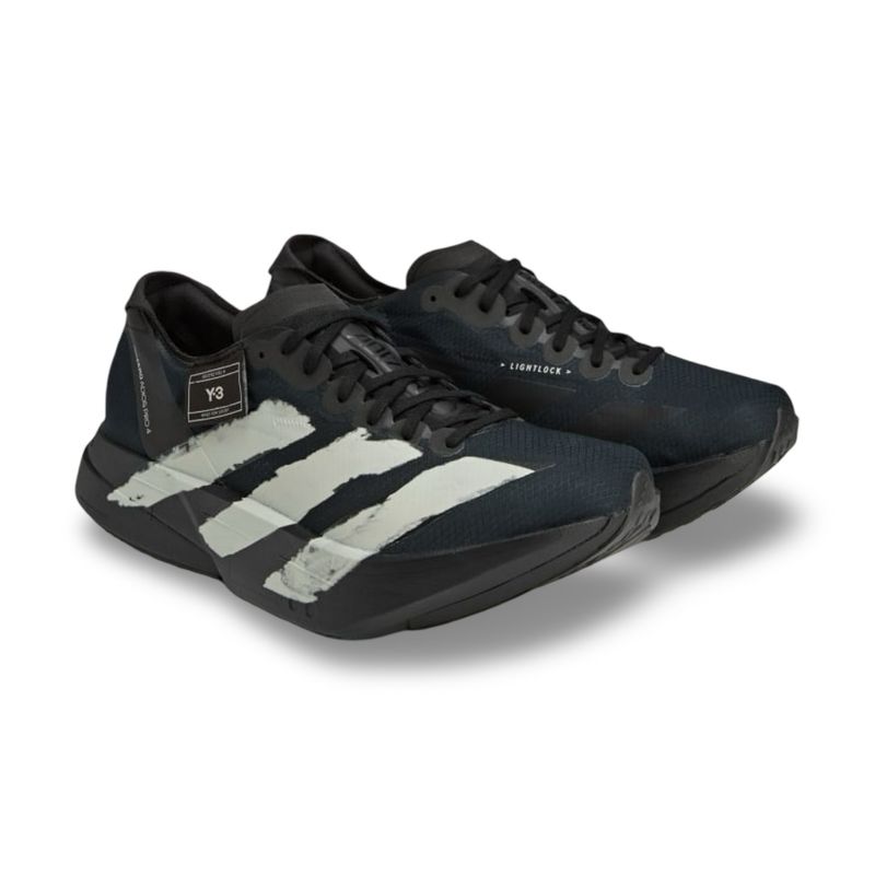 Adidas Y-3 Adizero Adios Pro 4 Black/White Sapatilhas Adidas Y-3 Adizero Adios Pro 4 - Angulação Frontal com Atacadores Extra