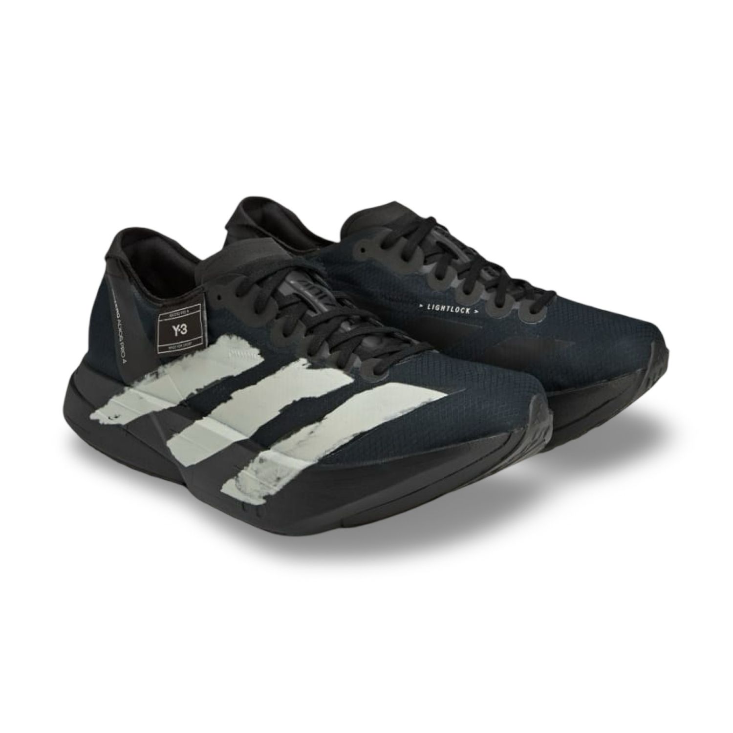 Adidas Y-3 Adizero Adios Pro 4 Black/White Sapatilhas Adidas Y-3 Adizero Adios Pro 4 - Angulação Frontal com Atacadores Extra