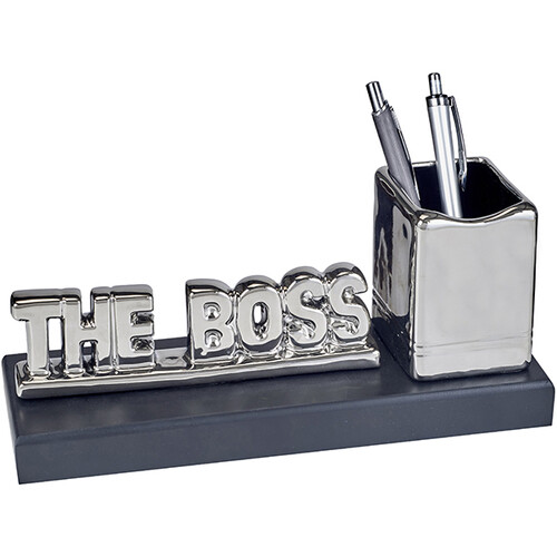 מתנה לבוס - THE BOSS מעמד שולחני כסוף עם כוס לעטים
