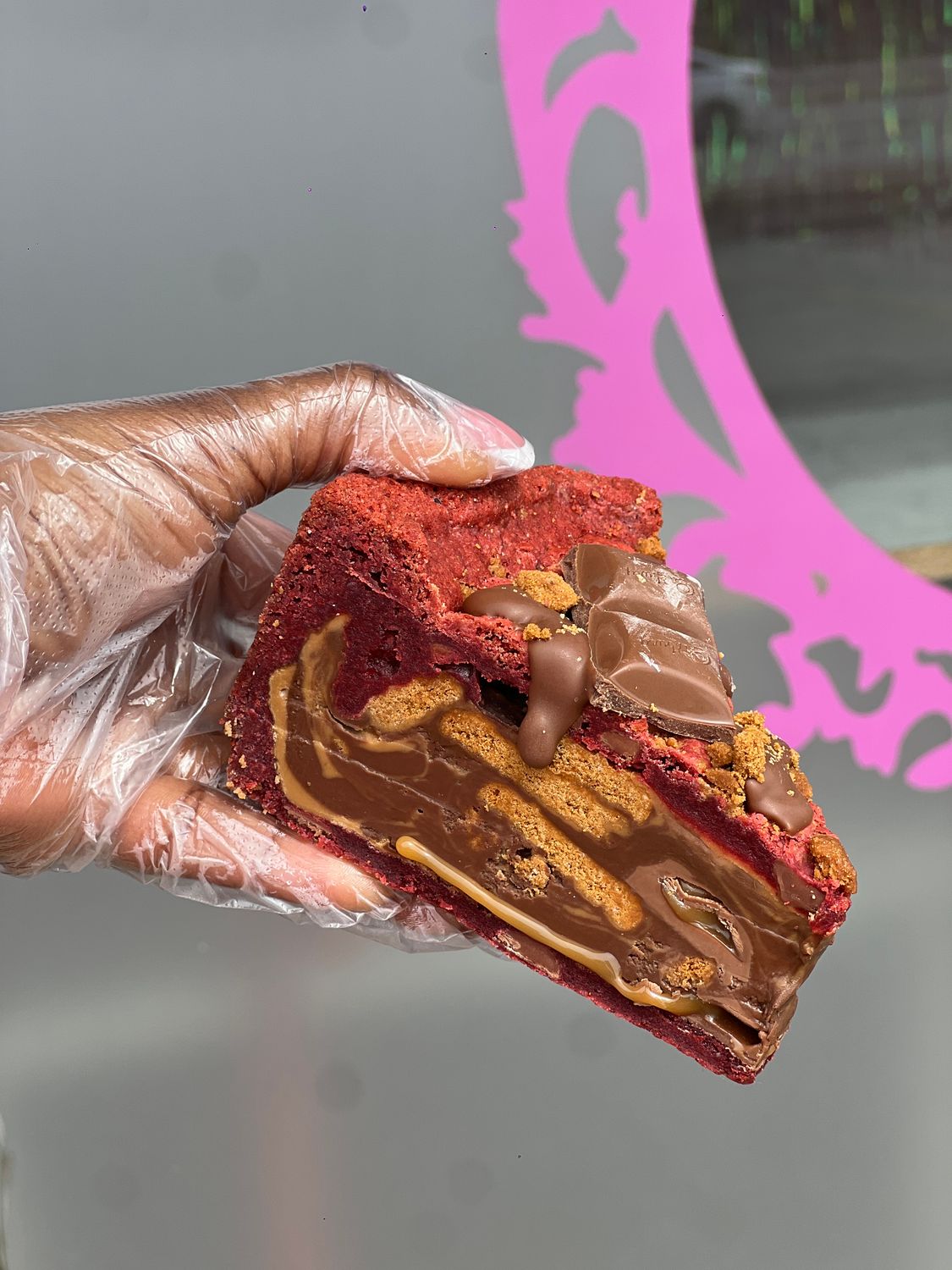 Red Velvet Caramilk Biscoff Cookie Pie Slice
