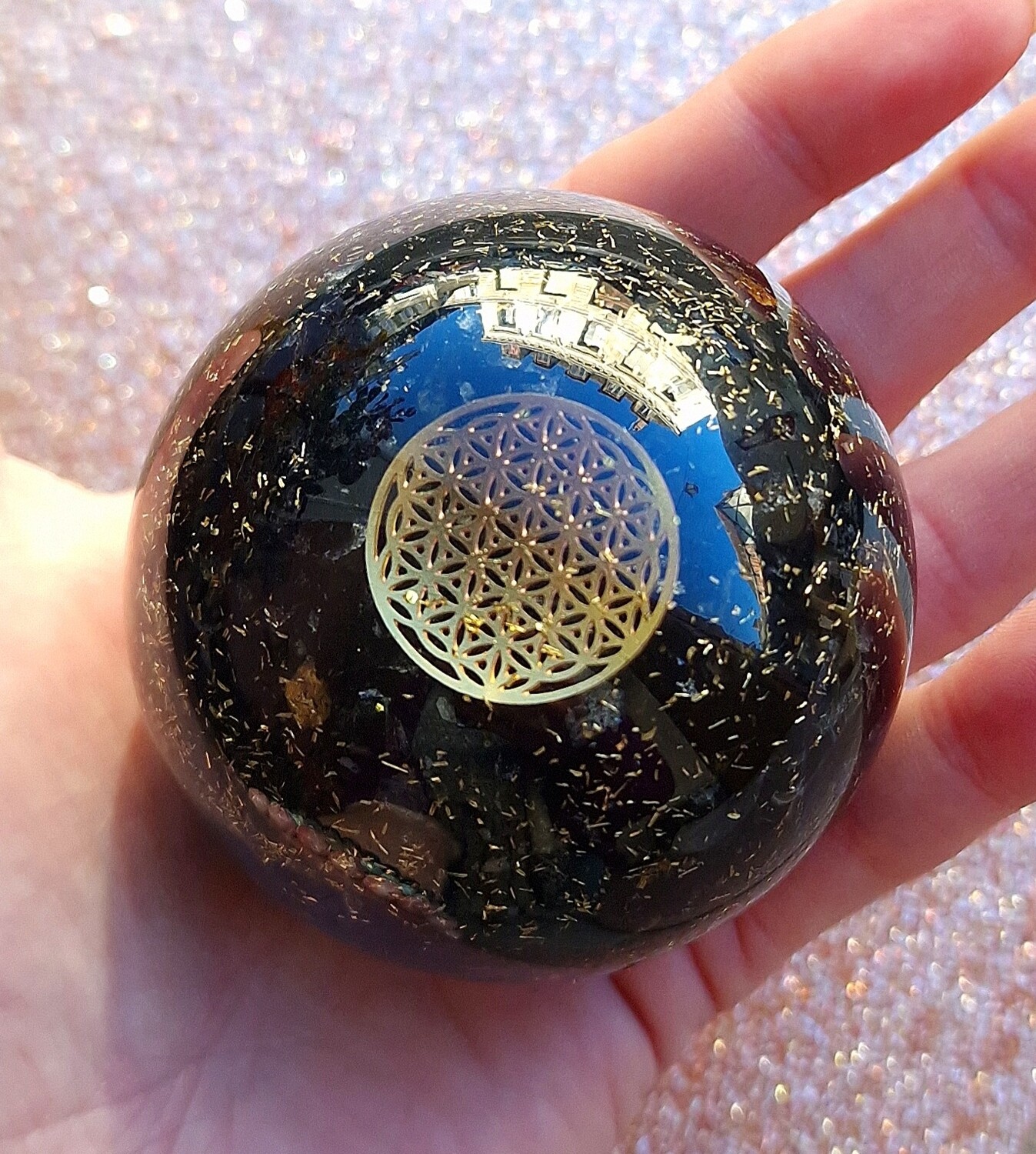 Sphere Orgonite Tourmaline Noire - Fleur de vie
