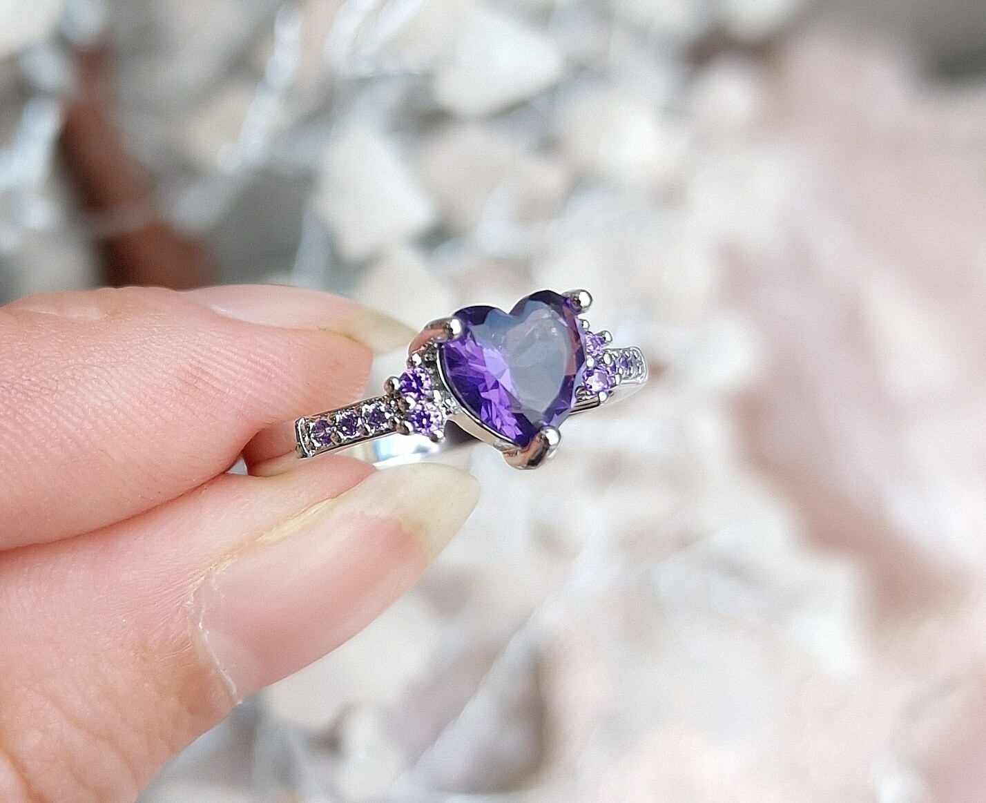 Bague Améthyste Coeur qualité gemme,Plaqué argent- Taille 10 (61/62)