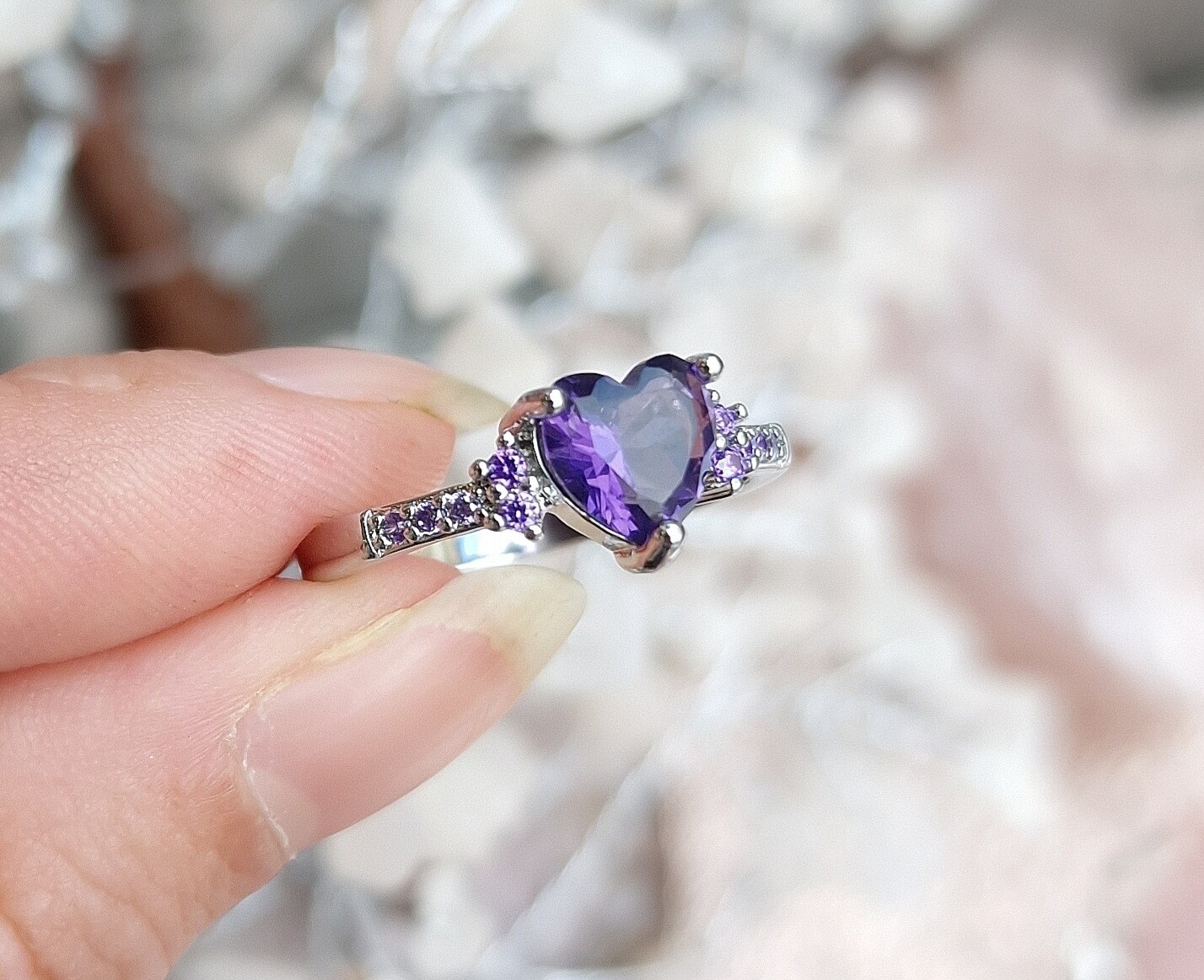 Bague Améthyste Coeur qualité gemme, Plaqué argent - Taille 9 (59/59,5)