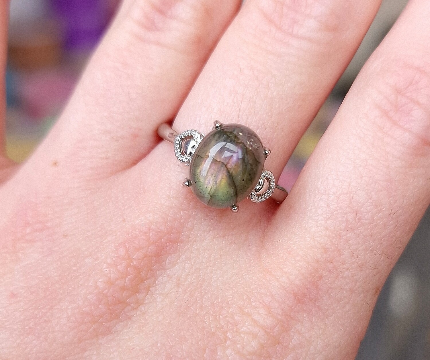 Bague Labradorite Rose/Jaune/Vert AAA n°4