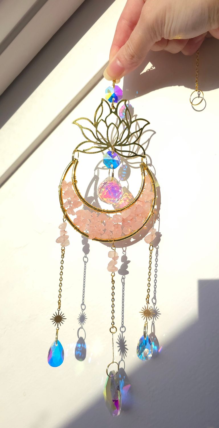 Capteur de Lumière Lune et Lotus - Quartz Rose/Aqua Angel/Cristal de Roche