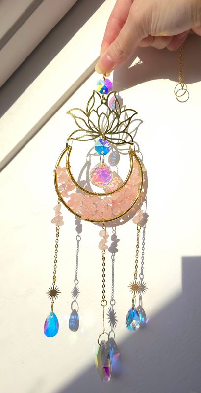 Capteur de Lumière Lune et Lotus - Quartz Rose/Aqua Angel/Cristal de Roche