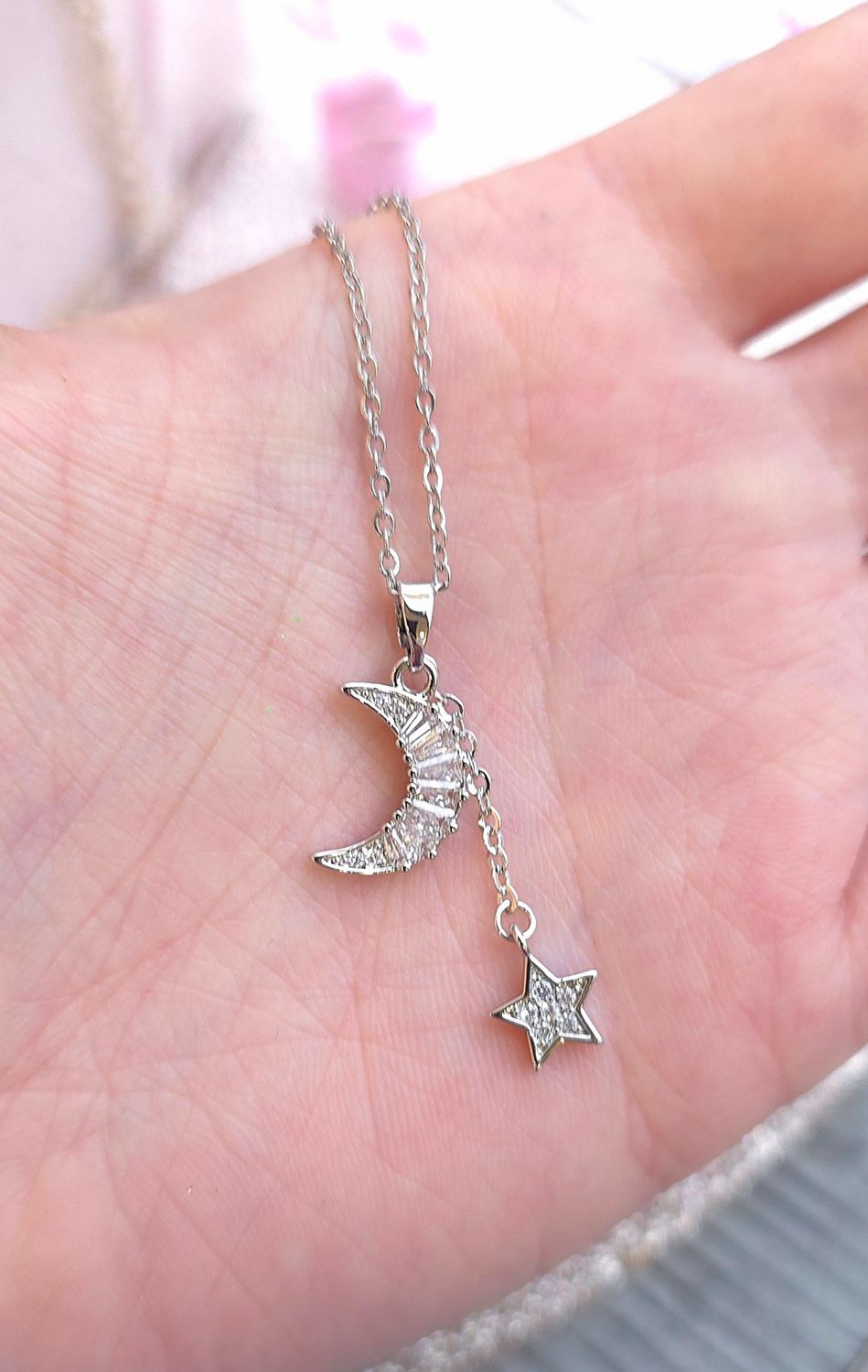 Pendentif Cristal de Roche Lune et Etoile - Chaine 45+5cm