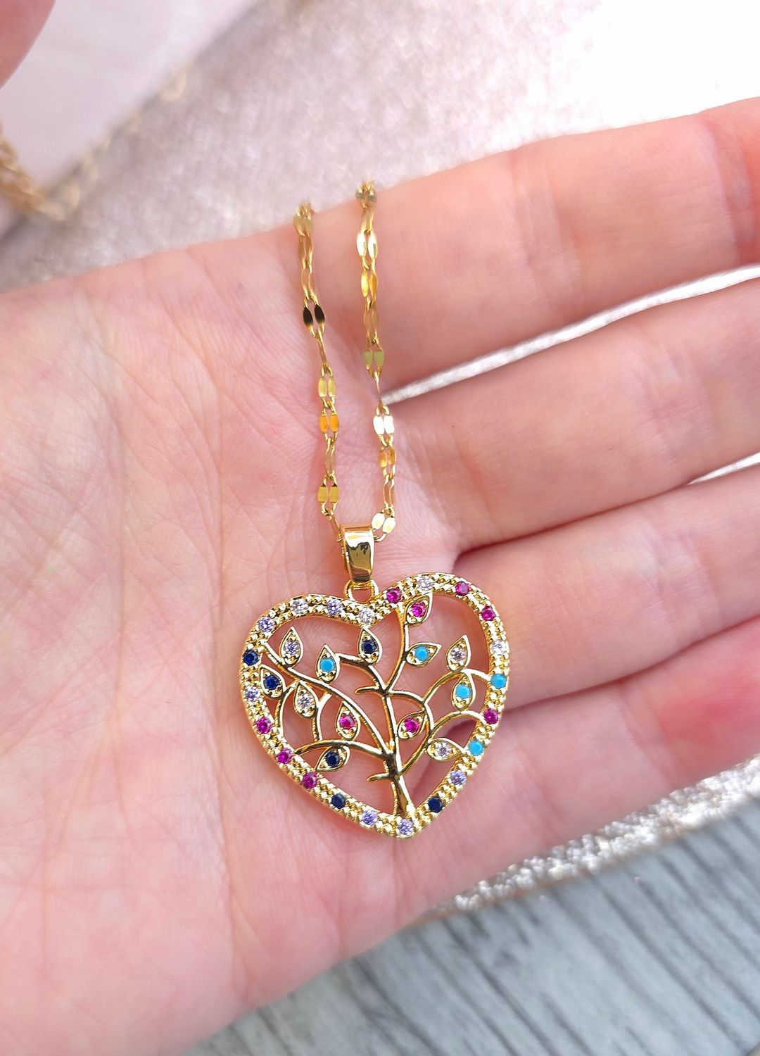 Pendentif Arbre de vie Quartz Rose/Améthyste/Amazonite - Chaine 45+5cm
