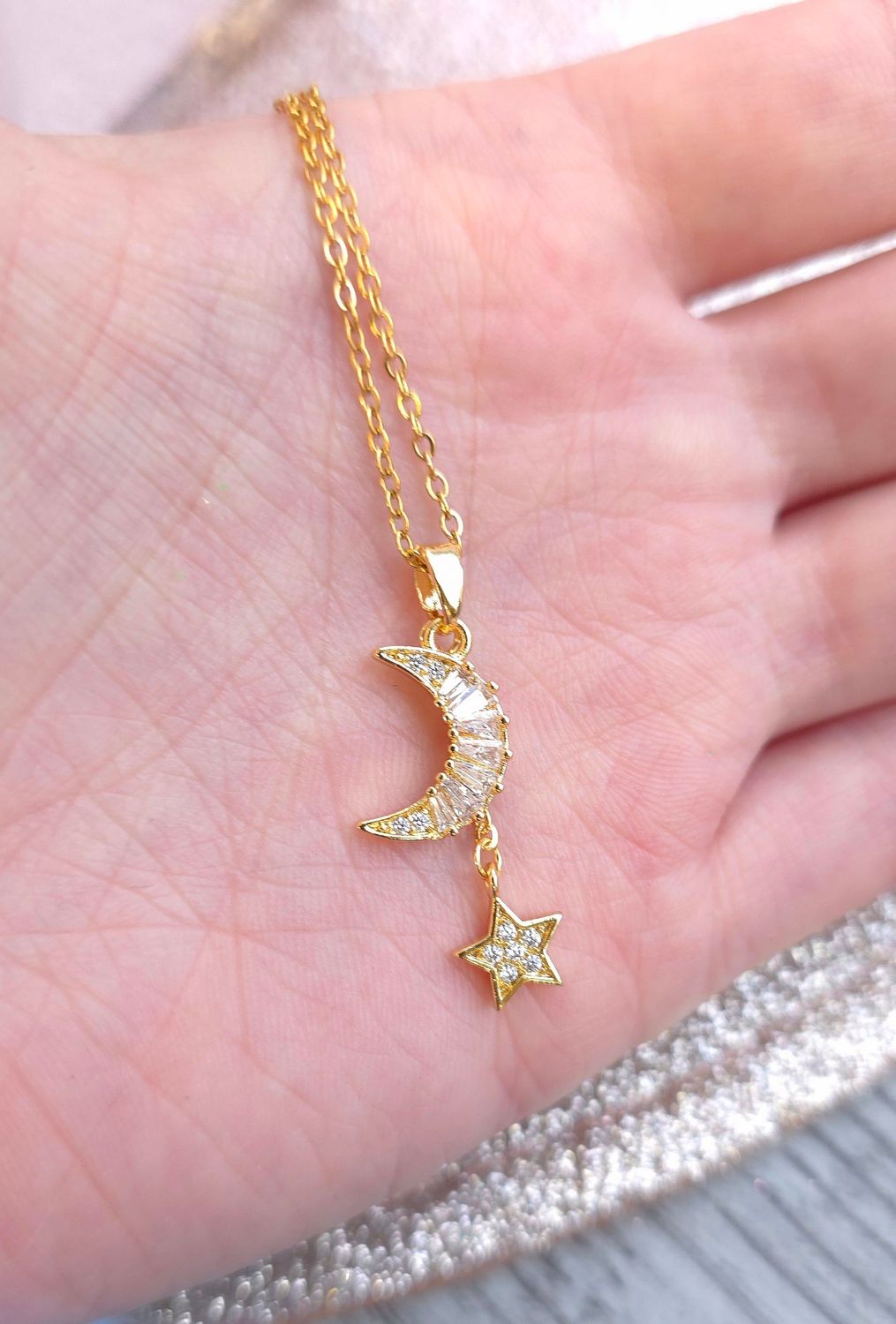 Pendentif Cristal de Roche Lune et Etoile - Chaine 45+5cm