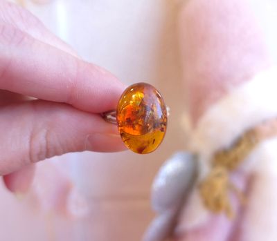 Bague Ambre Baltique - Bronze Plaqué Argent n°1