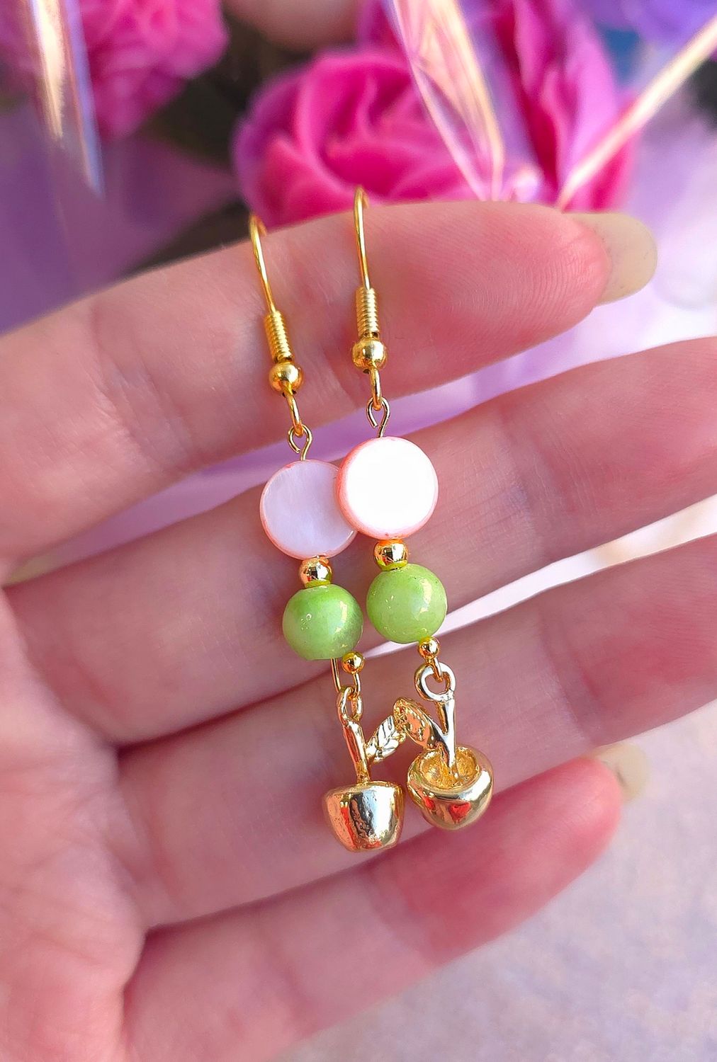 Boucle Création - Calcite Verte/ Nacre Rose
