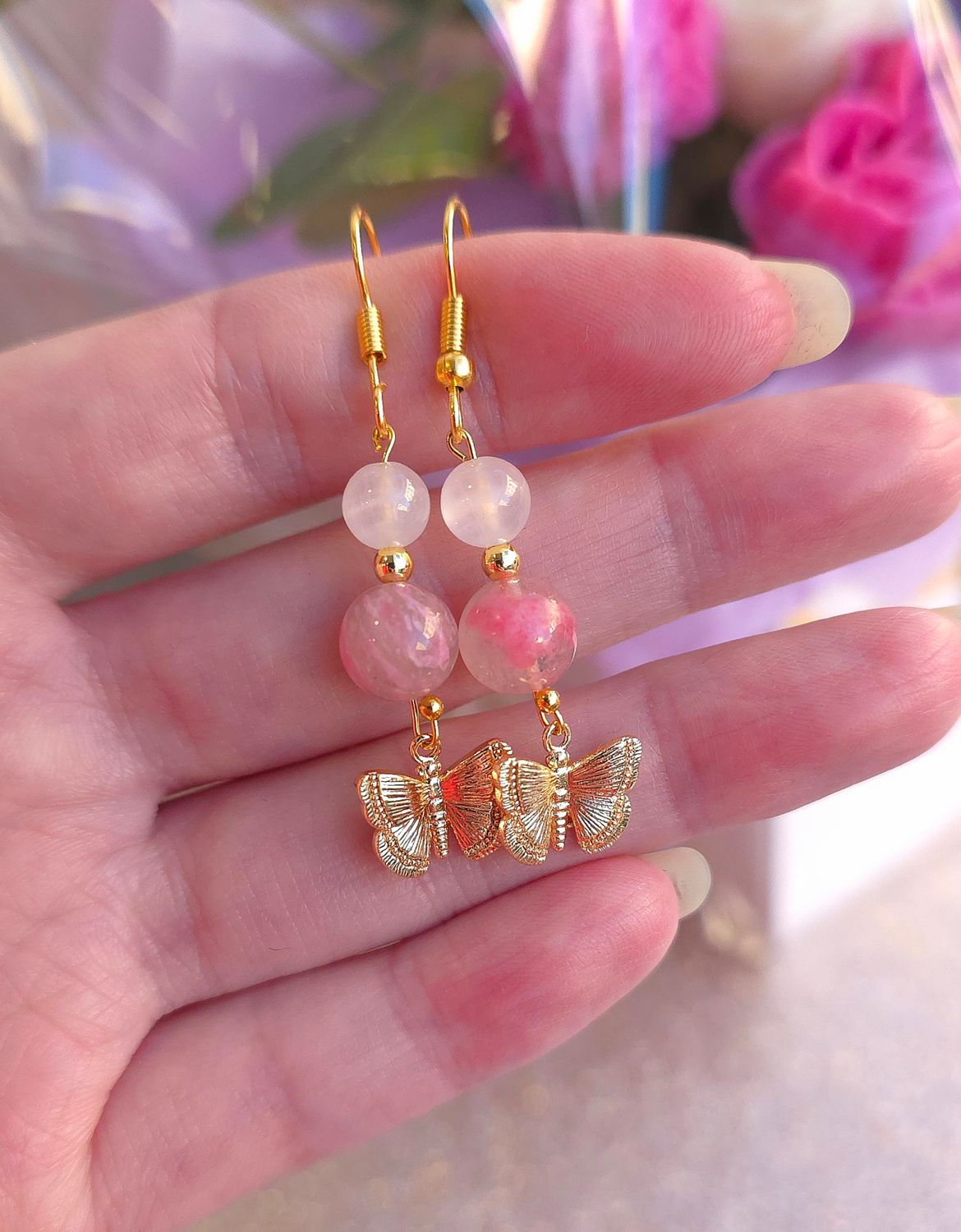 Boucle Création - Calcite Rose/Rhodonite sur Quartz AAA