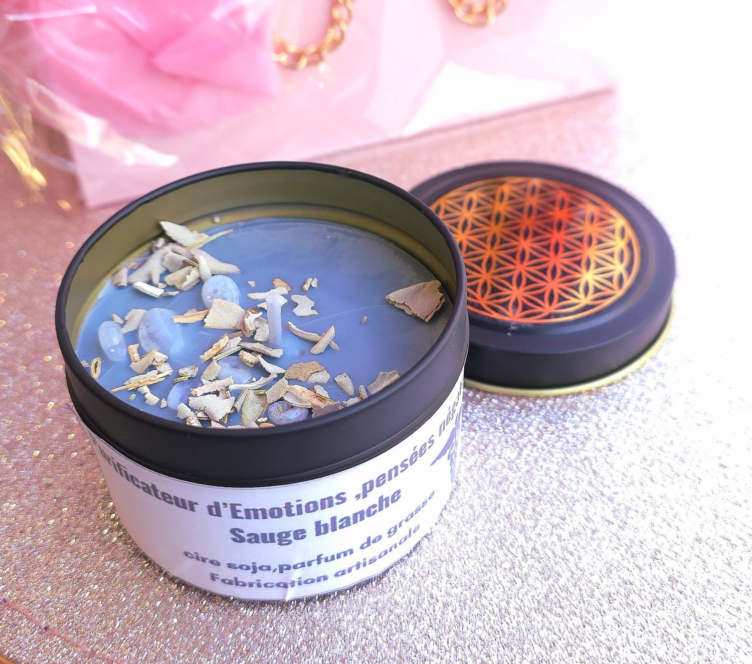 Bougie Purification des émotions et pensées négatives- Sauge Blanche/Calcédoine Bleue 