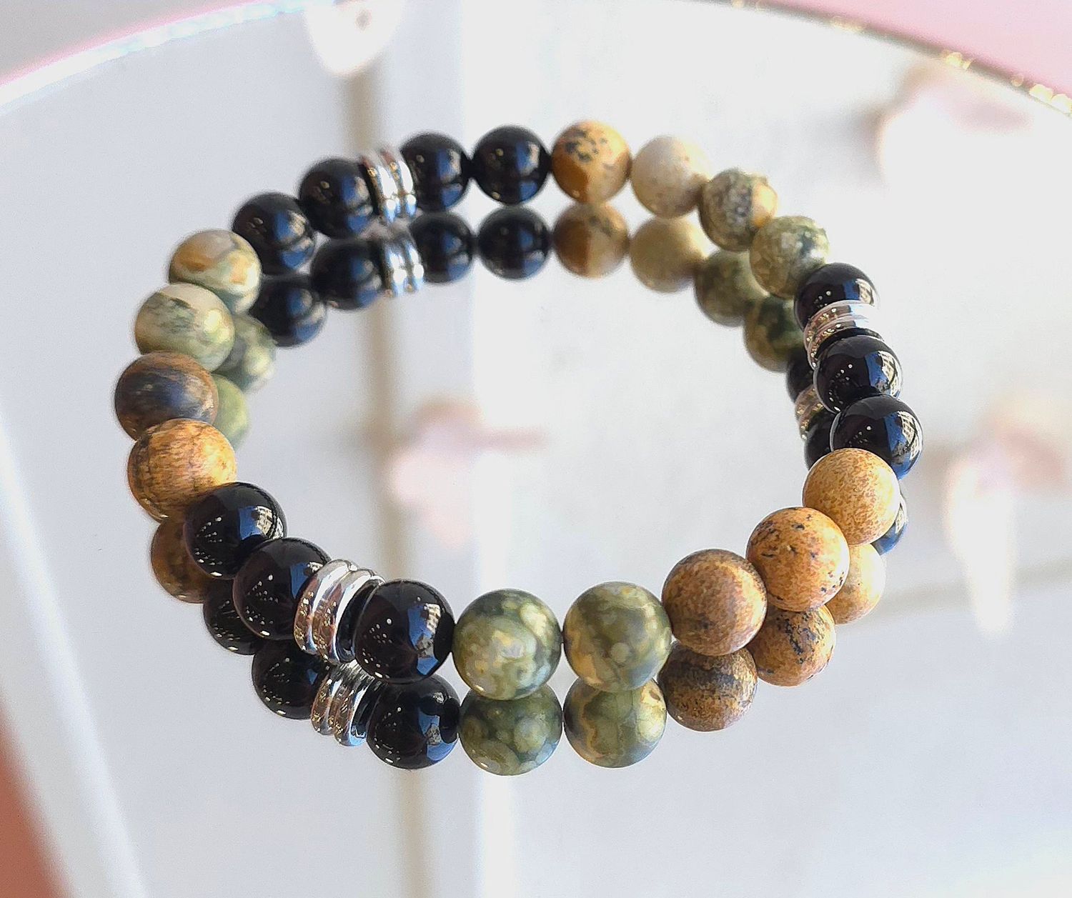 Bracelet Homme - Rhyolite/Onyx/Jaspe Paysage ø8