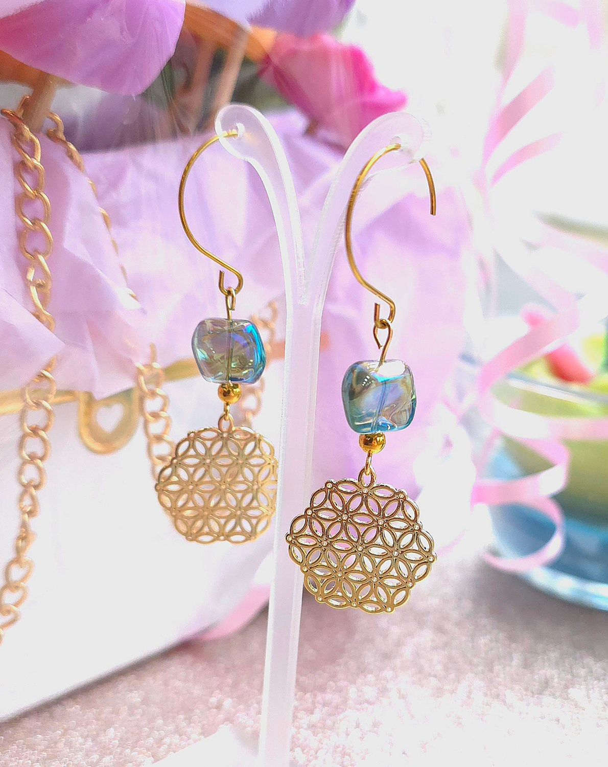 Boucle Aqua Aura Bleue/Fleur de vie
