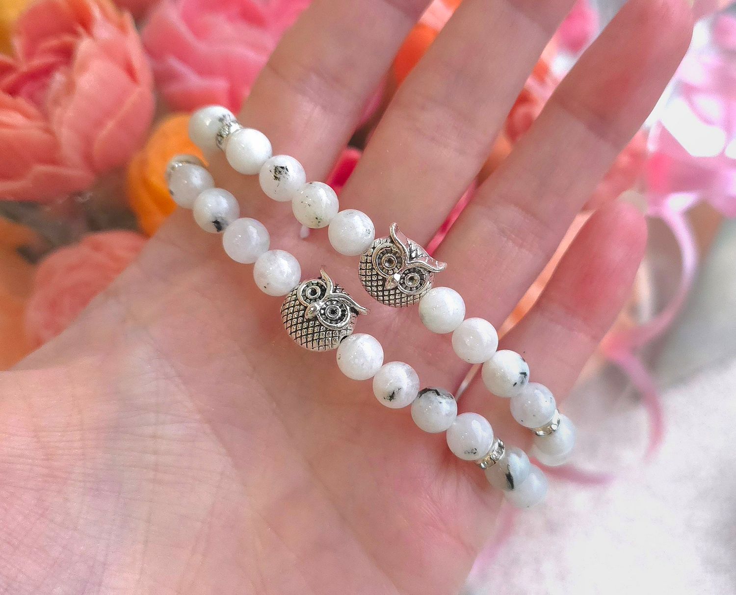 Bracelet Peristerite inclusion Tourmaline Noire ø6