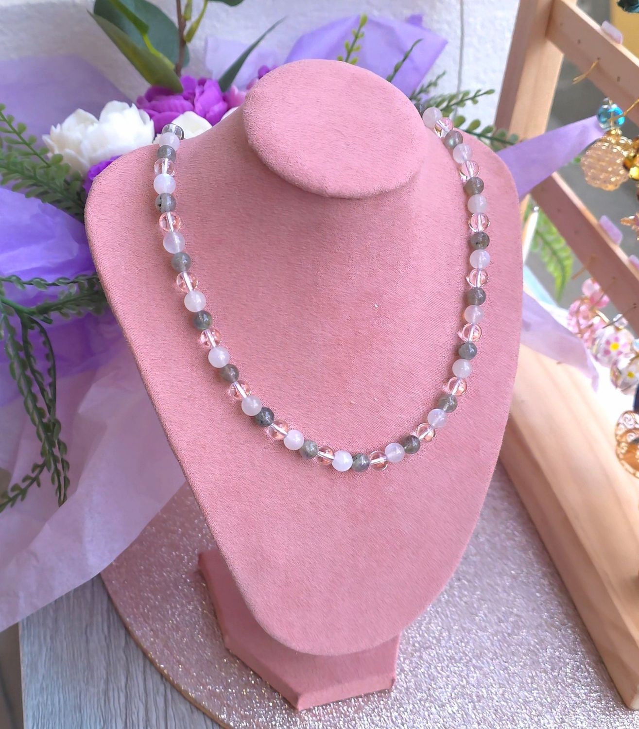 Collier Labradorite/Pierre de Lune Blanche/Cristal de Roche ø6