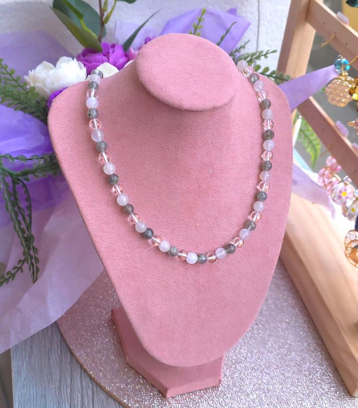 Collier Labradorite/Pierre de Lune Blanche/Cristal de Roche ø6