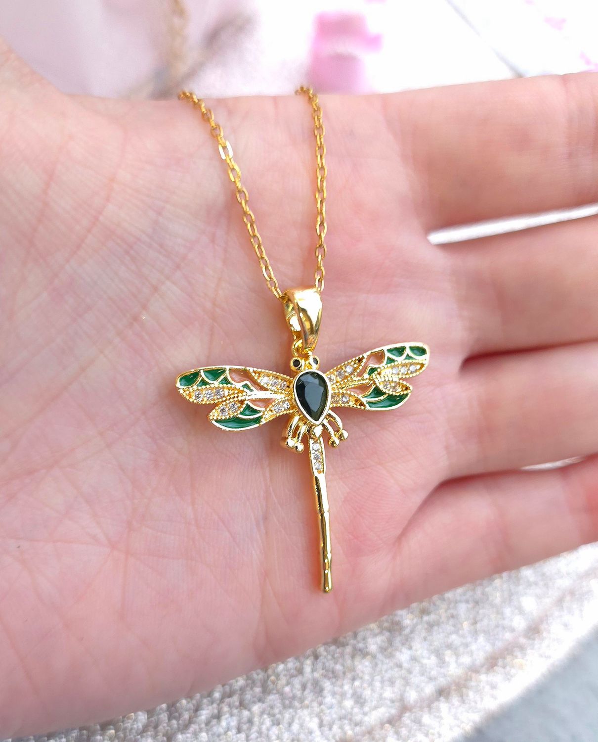 Pendentif Libellule aventurine - Chaine 45+5cm