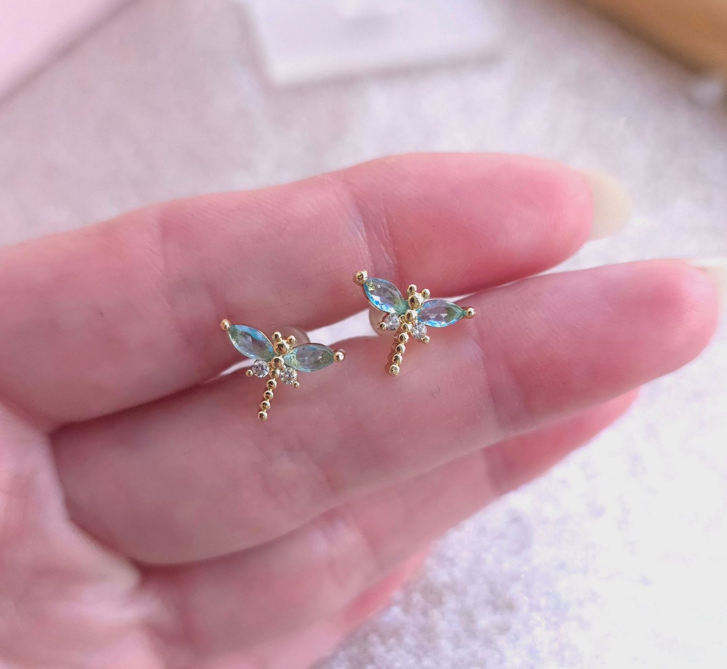 Boucle Bouton Libellule Aigue marine