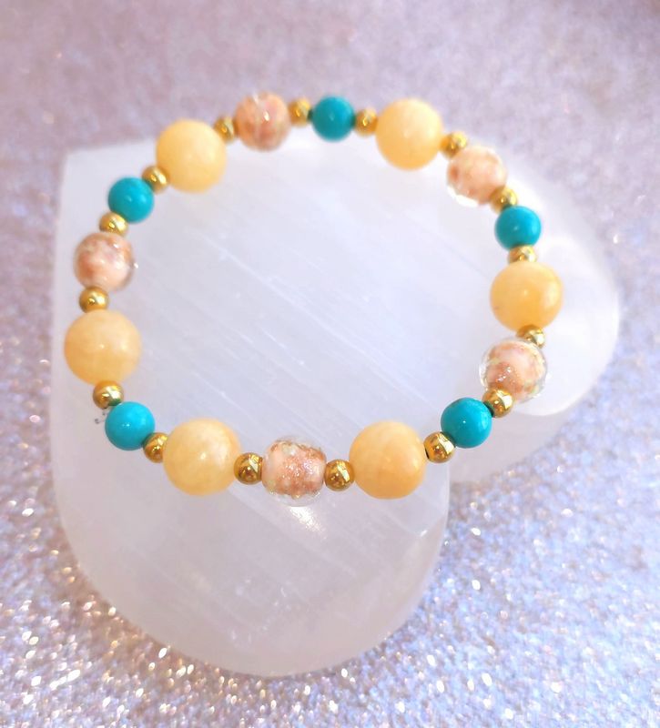Bracelet Création - Aragonite Jaune/Turquoise/Perle D&#39;Okinawa