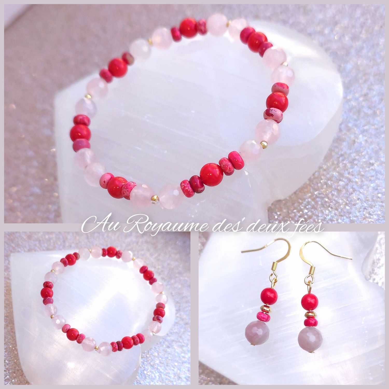 Parure Création - Quartz Rose Facetté/Bambou de Mer/Jaspe Impérial