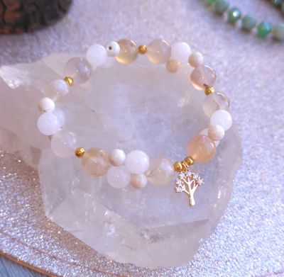 Bracelet Création - Agate Fleur/Jade Blanc/Jaspe Ivoire