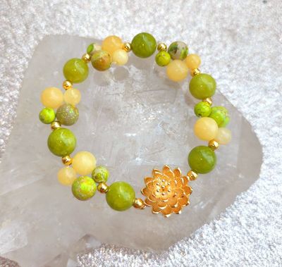 🌟 Bracelet Jade de Chine, Jaspe Impérial Vert &amp; Calcite Jaune: Abondance | Réussite | Énergie vitale | Confiance en soi | Manifestation positive