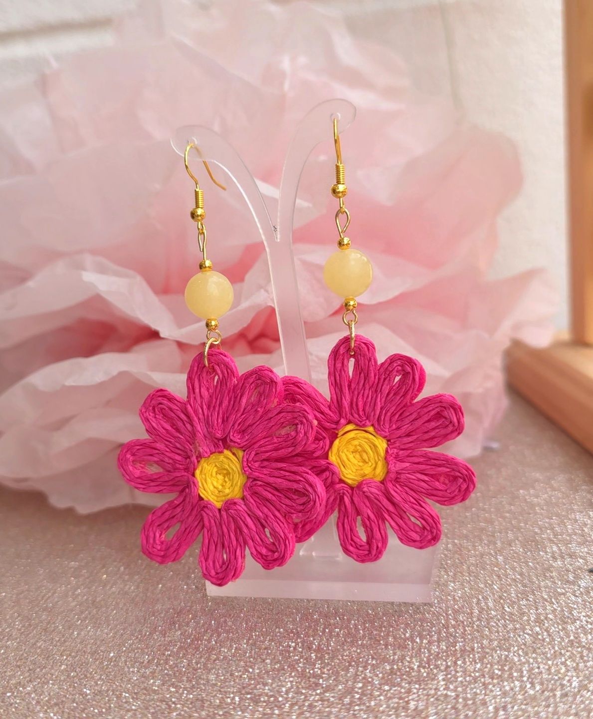 Collection Raphia - Boucle Calcite Jaune/ Marguerite Rose