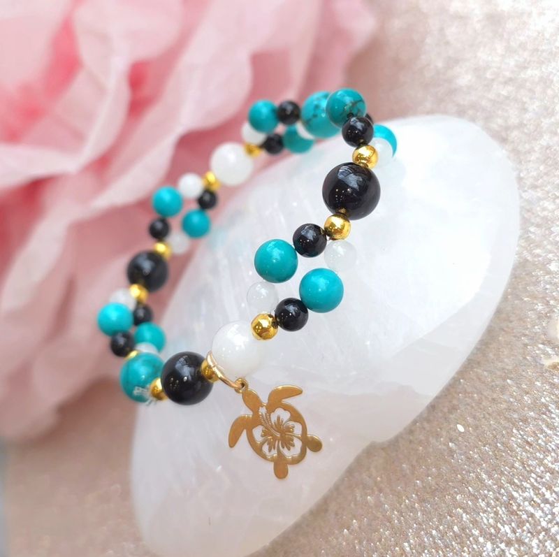  Bracelet Turquoise de Chine, Jade Blanc &amp; Tourmaline Noire : Hypersensibilité | Gestion des émotions | Protection énergétique | Calme intérieur