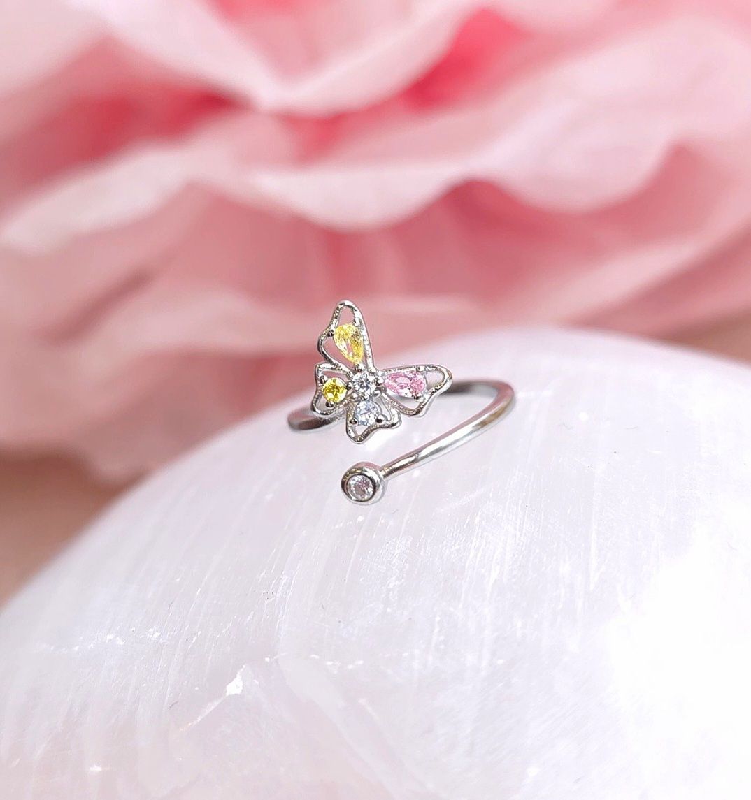 Bague Papillon Tourmaline Rose/Citrine/ Cristal de Roche/Tourmaline Jaune - Argent 925