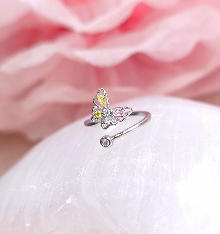 Bague Papillon Tourmaline Rose/Citrine/ Cristal de Roche/Tourmaline Jaune - Argent 925