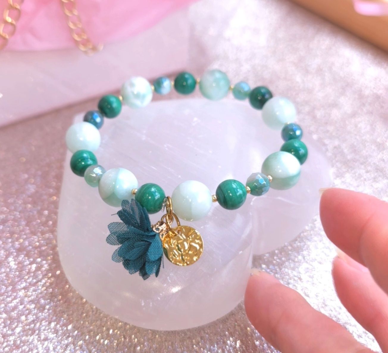 Bracelet Création - Guérison du coeur et Abondance - Garniérite/Malachite/Agate Verte