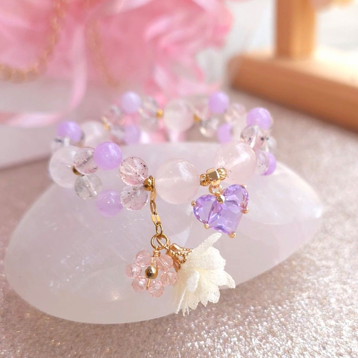 Bracelet Création - Quartz rose/Angelite Violette/ Quartz inclusion de mica