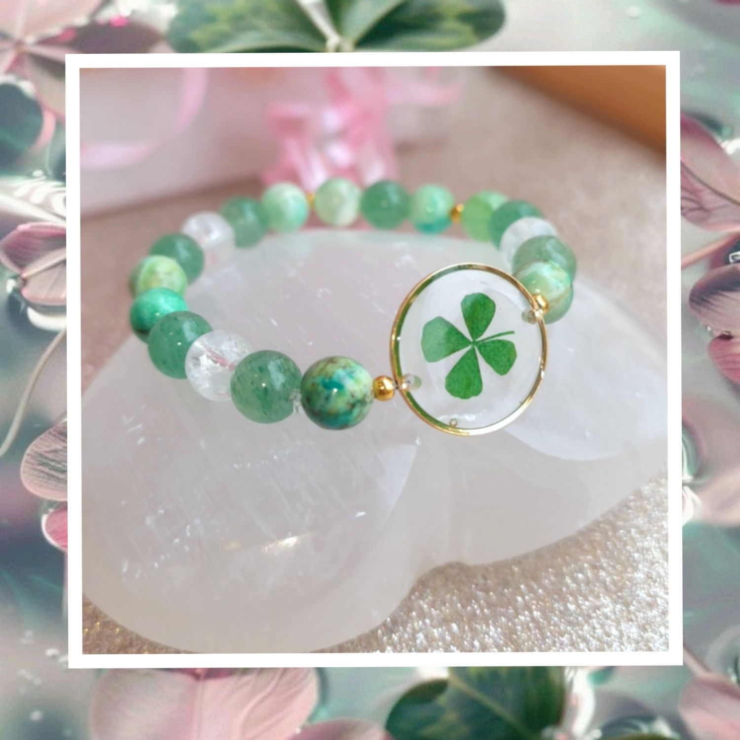 Bracelet Création - Variscite/Azeztulite/Trèfle/Lépidocrocite Verte