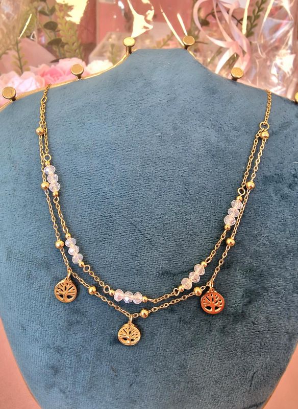 collier cristal de roche et arbre de vie acier inoxydable