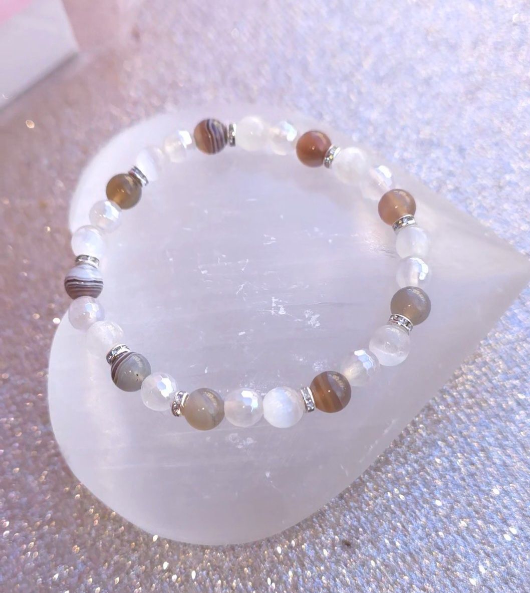 Bracelet Création - Agate Du Botswana/Sélénite/Agate Blanche 