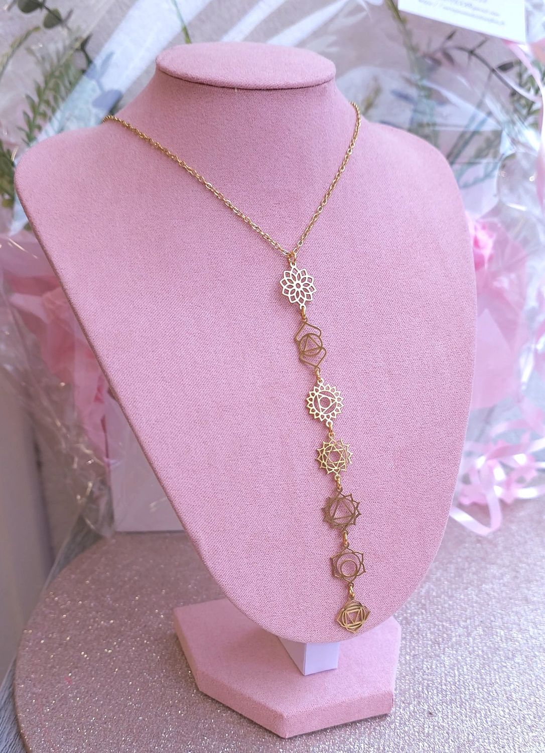 Pendentif 7 chakras + Chaine (40+5cm) - Doré 