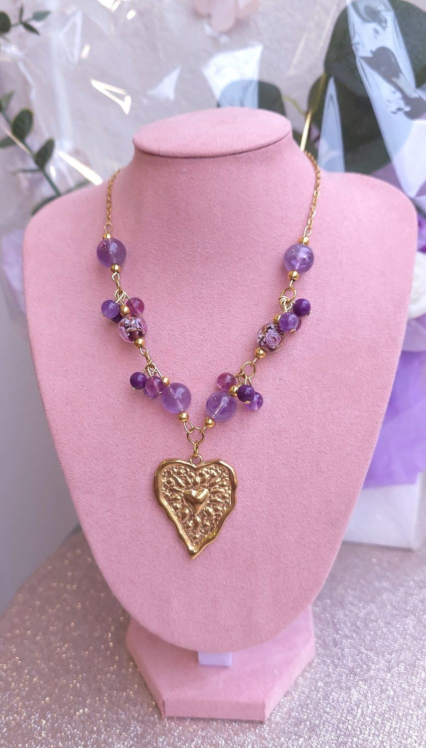 Collier Phosphosidérite/Améthyste/Fluorite Violette