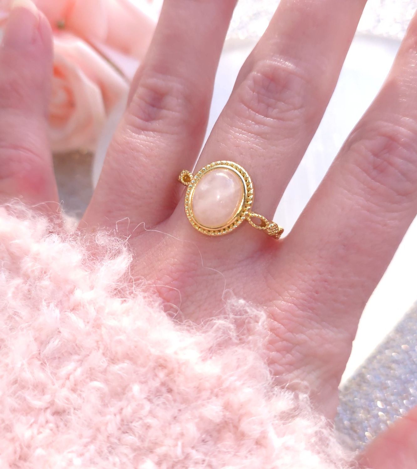 Bague Quartz Rose - Laiton Rhodié Doré