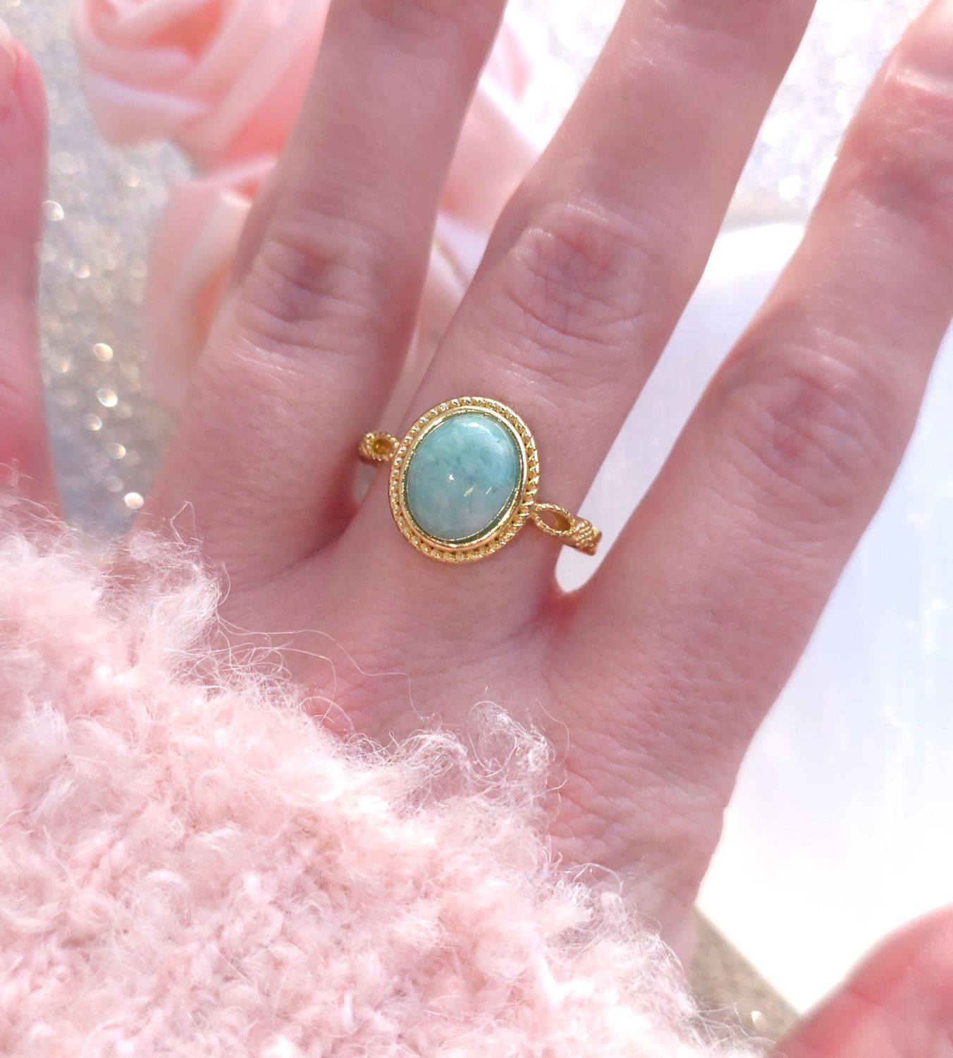 Bague Amazonite - Laiton Rhodié Doré