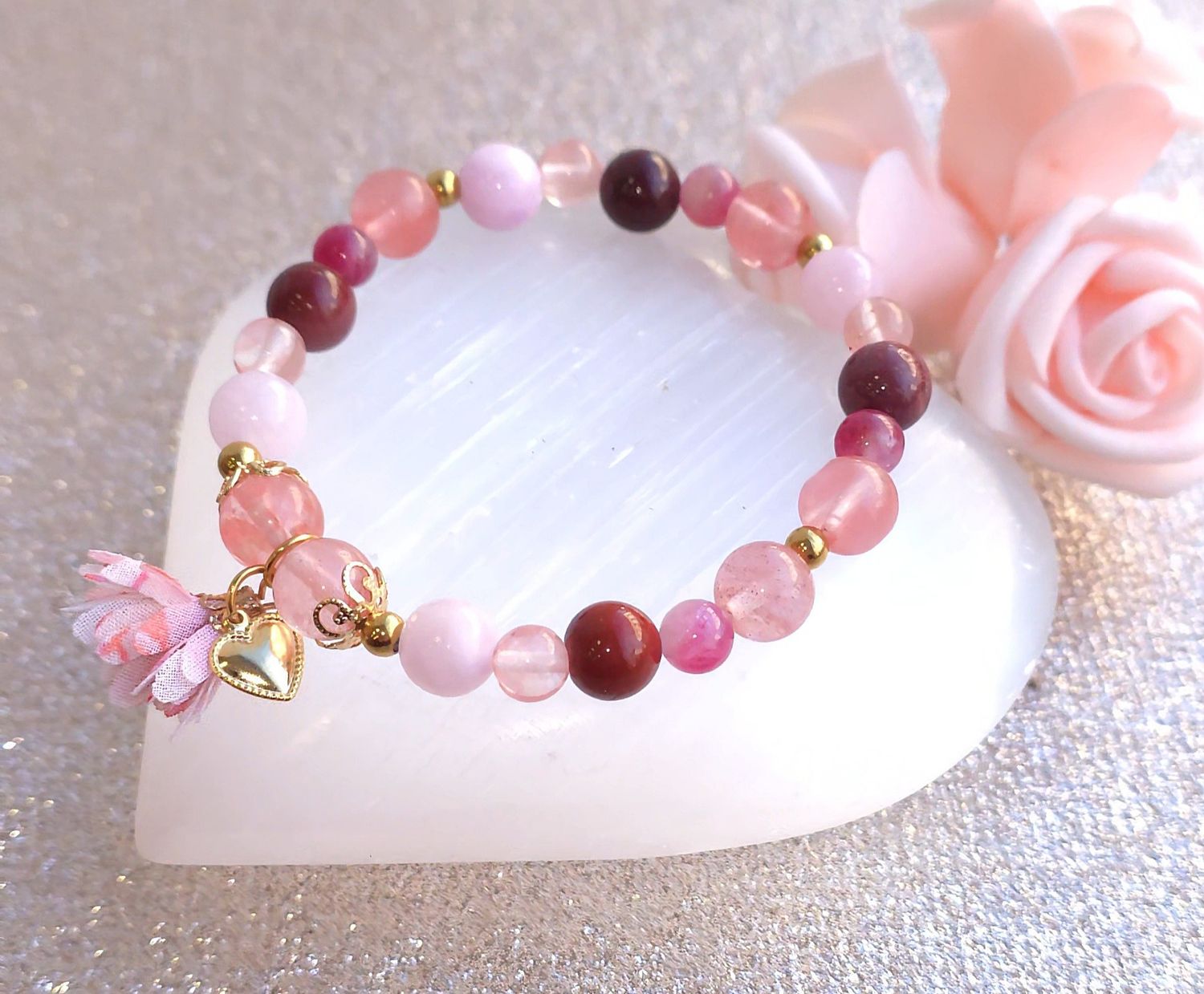 Bracelet Création - Jaspe Mokaite/Quartz Cerise/Tourmaline melon d'eau/Angelite Violette