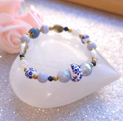 Bracelet Unique - Oeil Sainte Lucie/ Lapis-Lazuli/Calcédoine Bleue/Agate Blanche